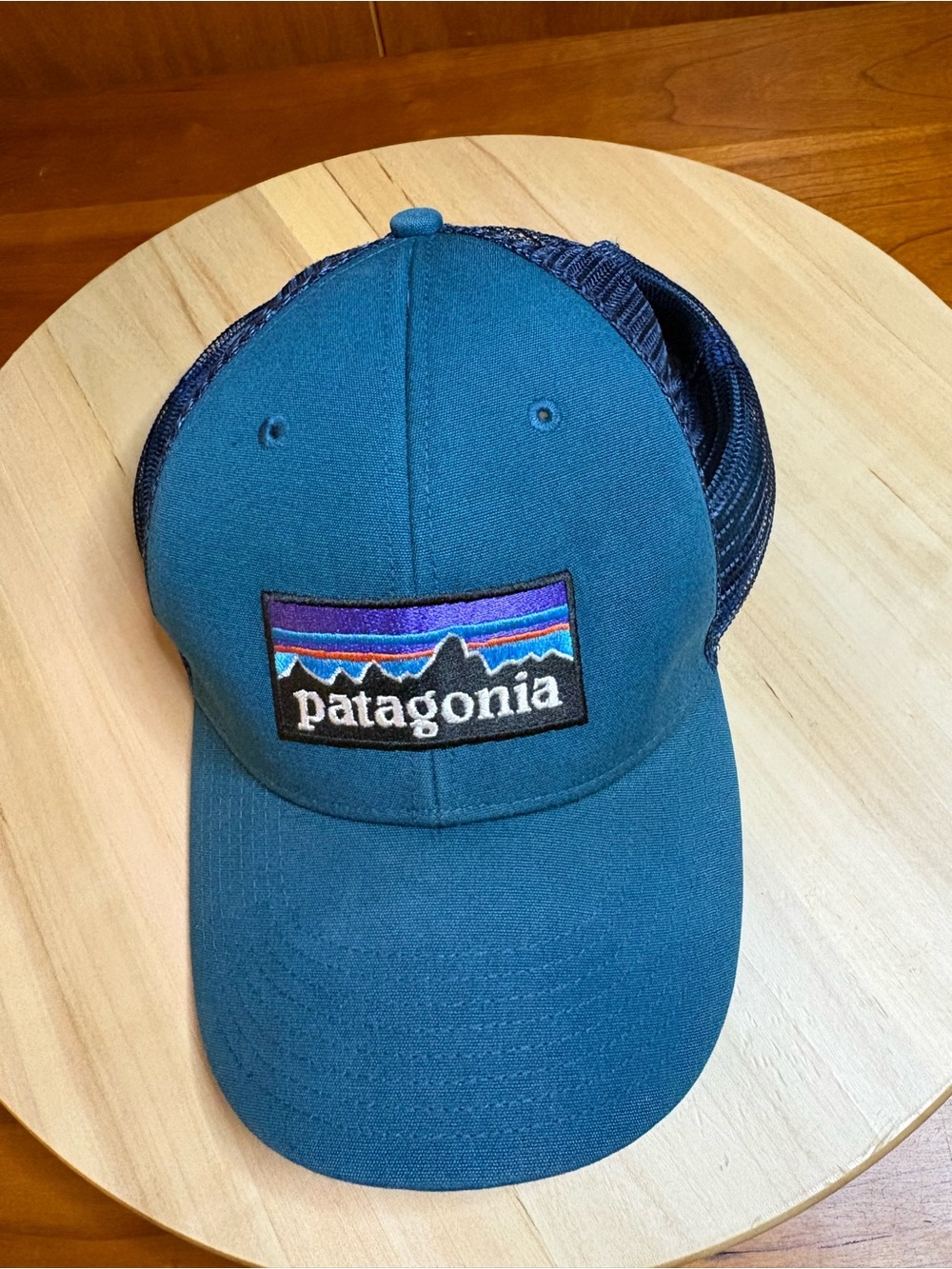 Patagonia truckers hat, it has a local company embroidered on the side.